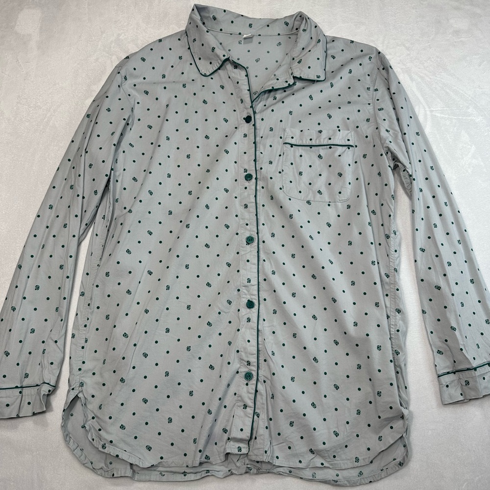 Uniqlo LS Light‎ Blue w Green Owls Button Up Sleep Shirt S Basic Everyday